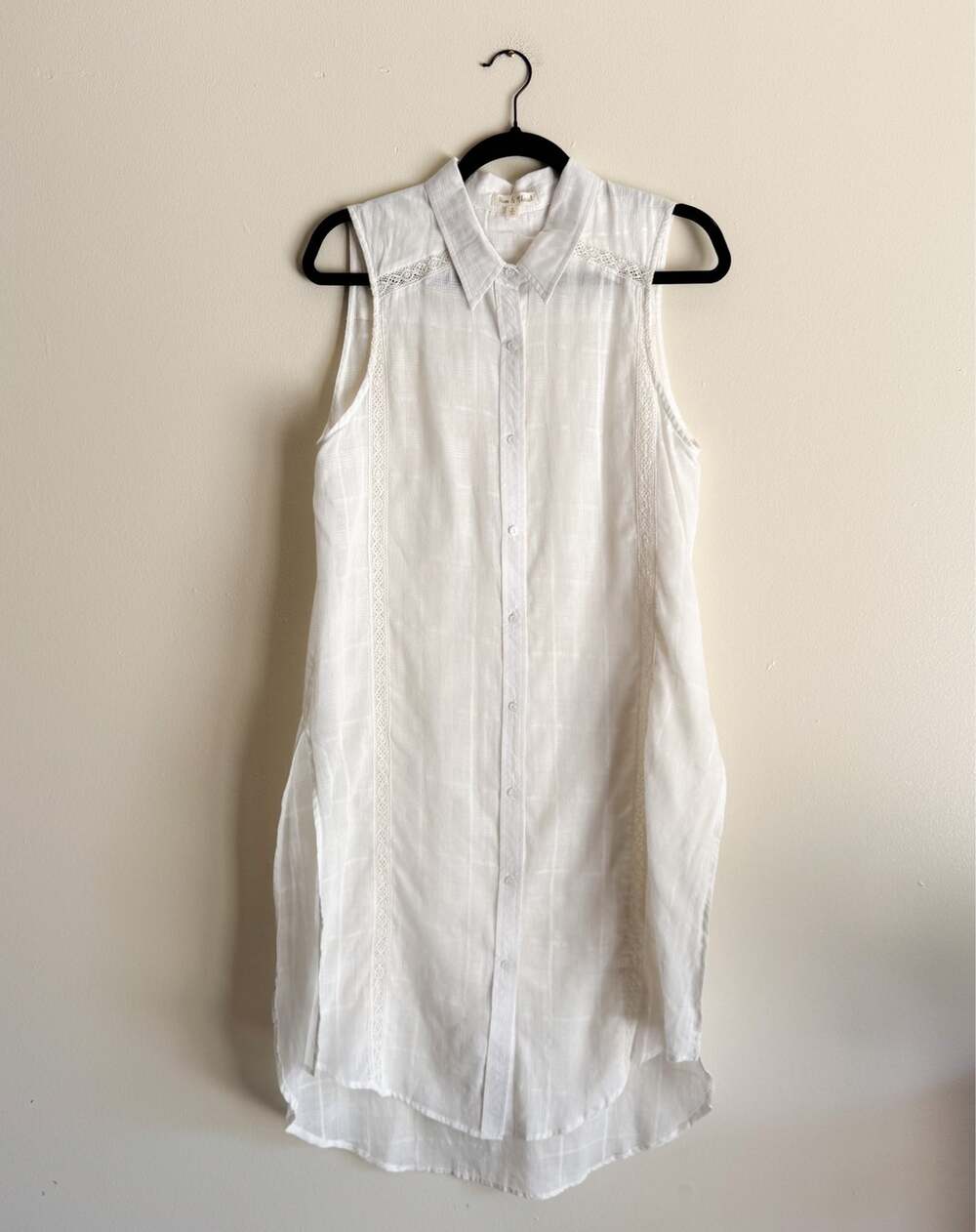 Hem & Thread White Cream Gauzy Windowpane Lace Side Slit Tunic Large Boho